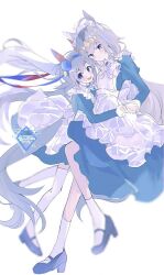 2girls animal_ears apron axtlv blue_dress blue_eyes blush dress ear_covers frilled_apron frills full_body grey_hair hairband highres horse_ears horse_girl horse_tail long_hair maid maid_apron multicolored_hair multiple_girls oguri_cap_(umamusume) smile socks streaked_hair tail tamamo_cross_(umamusume) umamusume watermark white_background white_socks