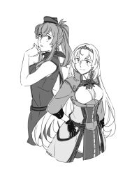 Rule 34 | 2022, 2girls, back-to-back, belt, blush, bow, breasts, closed mouth, collared coat, cropped legs, dress, flower, gloves, greyscale, hair between eyes, hand on own hip, kantai collection, long hair, looking at viewer, looking to the side, medium breasts, military, military uniform, monochrome, multiple girls, open mouth, out of frame, pelvic curtain, ponytail, rose, saratoga (kancolle), scarf, sidelocks, sleeveless, sleeveless dress, smokestack, smokestack hair ornament, standing, staring, tiara, very long hair, victorious (kancolle), weidashming, white background