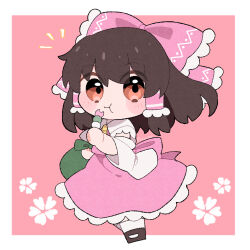 1girl :t alternate_color bag blush_stickers bow brown_eyes brown_hair chibi commentary_request dango detached_sleeves eating food full_body hair_bow hair_tubes hakurei_reimu highres holding holding_food long_hair sanshoku_dango skirt skirt_set socks solo touhou uzuki_(amayadori) wagashi