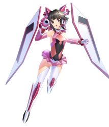 1girl armored_boots armpits black_hair blunt_bangs boots breasts detached_sleeves full_body gloves headphones highres holding leotard looking_at_viewer miniskirt nyanmaru open_mouth pink_gloves pink_skirt pink_sleeves pleated_skirt red_eyes senki_zesshou_symphogear short_hair simple_background skirt small_breasts solo thighhighs tsukuyomi_shirabe two-tone_gloves white_background white_gloves white_thighhighs