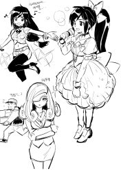 Rule 34 | 1boy, 2girls, adelbert steiner, alternate costume, alternate universe, arms under breasts, back bow, baseball cap, beatrix (ff9), black choker, black hair, bow, breasts, choker, crop top, crossed arms, dede (qwea 00000), eyepatch, final fantasy, final fantasy ix, garnet til alexandros xvii, gloves, greyscale, hair ribbon, hat, headset, highres, holding, holding microphone, idol, idol clothes, long hair, low-tied long hair, manager, medium breasts, microphone, midriff, monochrome, multiple girls, multiple views, music, navel, one eye covered, open mouth, outstretched arms, pencil skirt, ponytail, puffy short sleeves, puffy sleeves, ribbon, short sleeves, singing, sketch, skirt, smile