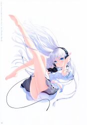 1girl absurdres ascot bad_feet barefoot black_ascot blunt_ends blush bow breasts clothes_lift copyright_name curvy eyelashes eyes_visible_through_hair feet floating_clothes floating_hair full_body hair_between_eyes hair_bow hand_on_headphones hands_up headphones highres knees_together_feet_apart leg_up legs long_hair long_legs looking_at_viewer medium_breasts midair miniskirt na-ga naruse_shiroha official_art parted_lips pink_bow puffy_short_sleeves puffy_sleeves ribbon ribbon-trimmed_skirt ribbon_trim scan school_uniform shirt short_sleeves simple_background skirt skirt_lift soles solo summer_pockets thighs toenails toes very_long_hair white_background white_hair white_ribbon white_shirt white_skirt