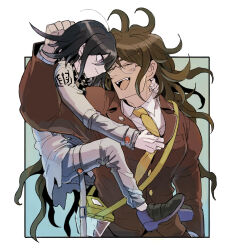 2boys affectionate ahoge arm_belt arm_up black_hair blush border buttons checkered_clothes checkered_scarf clinging clothes_pull commentary_request danganronpa_(series) danganronpa_v3:_killing_harmony fangs flipped_hair gokuhara_gonta hair_between_eyes happy highres hug jacket kumakoro_(tetsupag) long_sleeves male_focus multiple_boys muscular muscular_male necktie oma_kokichi open_mouth outside_border pants purple_eyes scarf shirt simple_background size_difference smile thigh_strap two-tone_scarf upper_body white_pants