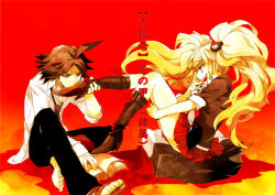 10s 1boy 1girl ahoge black_hair boots bow danganronpa danganronpa/zero danganronpa:_trigger_happy_havoc danganronpa_(series) enoshima_junko hair_bow hair_ornament hetero high_heel_boots high_heels karuha kissing_foot kouen long_hair manga_(object) matsuda_yasuke necktie plantar_flexion sandals school_uniform short_hair skirt sleeves_rolled_up smile spoilers translation_request twintails