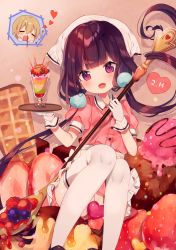 1boy 1girl :d ana_(rznuscrf) apron blend_s blood blueberry blush closed_eyes collared_shirt commentary_request dated dino_(blend_s) food frilled_apron frills fruit gloves hair_between_eyes head_tilt headscarf heart holding holding_spoon holding_tray ice_cream light_brown_hair long_hair looking_at_viewer nosebleed open_mouth oversized_object parfait pink_shirt pink_skirt puffy_short_sleeves puffy_sleeves purple_eyes purple_hair raspberry sakuranomiya_maika shirt short_sleeves sitting skirt smile spoon stile_uniform strawberry thighhighs tray very_long_hair waffle waist_apron waitress white_apron white_gloves white_headscarf white_thighhighs