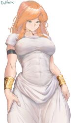 1girl abs absurdres breasts covered_erect_nipples curvy duffmox flamme_(sousou_no_frieren) green_eyes highres large_breasts long_hair mature_female orange_hair smile solo sousou_no_frieren tight_clothes