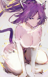 1girl absurdres bare_shoulders bleach bleach:_sennen_kessen-hen breasts electricity electrokinesis female_focus hair_ears highres large_breasts lxios39 ponytail purple_hair shihouin_yoruichi simple_background smile tail yellow_eyes