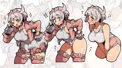 ! !! 1girl ? ?? ahoge bike_shorts blue_eyes bracelet breasts collar dolphin_shorts dress elphelt_valentine embarrassed gloves guilty_gear guilty_gear_strive hairband holding holding_microphone itsuka_neru jacket jewelry large_breasts leaning_forward looking_at_viewer microphone one-piece_swimsuit open_mouth pink_collar pink_jacket short_hair shorts shorts_under_dress smile spiked_bracelet spiked_collar spiked_hairband spiked_jacket spikes swimsuit swimsuit_under_clothes tank_top thick_thighs thighhighs thighs white_hair white_one-piece_swimsuit white_tank_top zettai_ryouiki