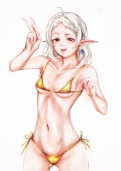 absurdres bikini elf gold_bikini golden_week golden_week_bikini highres kimmydahuman midriff mushoku_tensei navel pointy_ears swimsuit sylphiette_(mushoku_tensei) tongue tongue_out