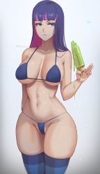 1girl :c bad_id bad_twitter_id bikini blue_eyes blue_hair breasts eyelashes food half-closed_eyes large_breasts looking_at_viewer micro_bikini narrow_waist panty_&amp;_stocking_with_garterbelt phat_smash pink_hair popsicle signature simple_background solo stocking_(psg) striped_clothes striped_thighhighs swimsuit thick_thighs thighhighs thighs toned twitter_username wide_hips