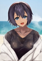 Rule 34 | 1girl, bad link, beach, black hair, black shirt, blurry, blurry background, bob cut, breasts, check rating, collarbone, covered erect nipples, daitoku junna, dark-skinned female, dark skin, dougi, hair between eyes, head tilt, highres, karate gi, medium breasts, open mouth, outdoors, ringed eyes, robotics;notes, science adventure, secretter, see-through clothes, shirt, short hair, smile, solo, steaming body, sweat, t-shirt, tongue, upper body, very sweaty