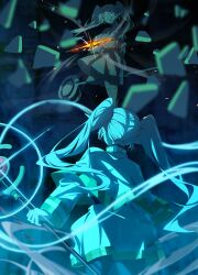 2girls absurdres blue_eyes capelet clone cowboy_shot dusk_ming earrings expressionless floating floating_rock frieren hashtag-only_commentary highres holding holding_staff jewelry long_hair long_sleeves looking_at_another mage_staff magic multiple_girls pointy_ears skirt sousou_no_frieren staff twintails