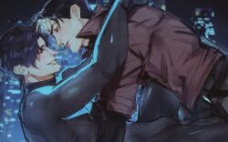 2boys :p arms_around_neck batman_(series) black_bodysuit black_hair black_pants bodysuit building city_lights closed_mouth colored_bangs commentary dc_comics dick_grayson eye_contact face-to-face from_side grin hashtag-only_commentary highres jacket jason_todd long_sleeves looking_at_another lying male_focus multicolored_hair multiple_boys night night_sky nightwing on_back pants popped_collar profile red_hood_(dc) red_jacket short_hair sky skyscraper smile superhero_costume symbol-only_commentary tomorrow_echo tongue tongue_out turtleneck turtleneck_bodysuit two-tone_hair very_short_hair white_hair yaoi yukadon