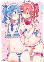 Rule 34 | 2girls, absurdres, ahoge, arm around back, asymmetrical sidelocks, bikini, blue bikini, blue eyes, blue hair, blue nails, blue necktie, blue ribbon, bow, bowtie, breasts, closed mouth, commentary request, dakuryuu, detached collar, double-parted bangs, drawn wings, flat chest, frilled arm strap, frilled bikini, frilled shirt collar, frilled thigh strap, frills, green eyes, hair between eyes, hair bow, hair ornament, hair ribbon, hairclip, hand up, headdress, highres, holding another&#039;s wrist, hololive, hoshimachi suisei, kneeling, long hair, looking at another, medium breasts, medium hair, multiple girls, nail polish, navel, necktie, one side up, pink bikini, pink bow, pink bowtie, pink hair, pink nails, polka dot, polka dot bikini, ribbon, sakura miko, scrunchie, short necktie, side ponytail, sidelocks, single thighhigh, sitting, star (symbol), star in eye, stomach, striped bikini, striped clothes, swimsuit, symbol in eye, thigh strap, thighhighs, virtual youtuber, wrist scrunchie, yuri