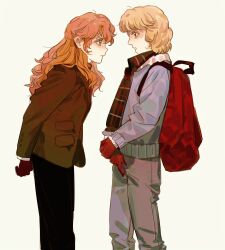 1boy 1girl absurdres arm_behind_back backpack bag black_pants black_scarf blonde_hair blue_eyes blue_sweater blush brown_coat brown_eyes brown_pants coat erhuazi917 eye_contact feet_out_of_frame from_side fur-trimmed_sweater fur_trim furrowed_brow ginga_eiyuu_densetsu gloves hair_over_shoulder hand_on_own_wrist highres julian_mintz katerose_von_kreutzer lapels leaning_forward light_frown long_hair long_sleeves looking_at_another open_mouth orange_hair pants plaid_clothes plaid_scarf profile red_bag red_gloves scarf short_hair simple_background sweater teeth wavy_hair yellow_background
