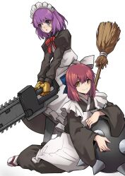 2girls aqua_eyes blue_bow bow broom chainsaw hair_bow highres hisui_(tsukihime) holding holding_broom juliet_sleeves long_sleeves looking_at_viewer maid maid_headdress mecha_hisui multiple_girls orange_eyes puffy_sleeves purple_hair red_hair robot_girl short_hair simple_background spike_ball tierra_misu tsukihime white_background wide_sleeves
