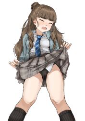 1girl absurdres black_panties black_socks blue_stripes blunt_bangs blush brown_hair closing_eyes clothes_lift commentary curly_hair gatsby_ssl grey_skirt hair_bun highres idolmaster idolmaster_cinderella_girls kamiya_nao kneehighs lifting_own_clothes long_hair necktie panties plaid_clothes plaid_skirt school_uniform shirt shouting shy skirt skirt_lift socks solo thighs underwear wavy_hair white_background white_shirt