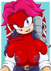1girl 2023 breasts furry furry_female gloves grabbing_another&#039;s_breast groping highres large_breasts lien-da looking_at_viewer nipples open_clothes open_shirt pov red_fur solo_focus sonic_(series) sonic_the_hedgehog_(archie_comics) sonicguru