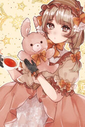 1girl black_gloves blush bow braid brown_dress brown_eyes brown_hair brown_hairband commentary_request cup dress drink frilled_sleeves frills gloves hair_bow hairband highres holding holding_cup holding_stuffed_toy lolita_hairband mizuki_cream orange_bow original puffy_short_sleeves puffy_sleeves short_sleeves solo stuffed_animal stuffed_rabbit stuffed_toy yellow_background