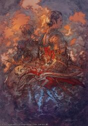 2boys ahoge aircraft airship armor artist_name back-to-back blonde_hair blue_shirt blue_theme brown_eyes brown_hair cape cloud copyright_name copyright_notice delita_heiral facing_away facing_to_the_side final_fantasy final_fantasy_tactics final_fantasy_xiv flying gold_armor hatching_(texture) highres in-franchise_crossover knight linear_hatching lips logo long_sleeves low_ponytail male_focus medium_hair midair multiple_boys official_art orange_theme ponytail promotional_art puffy_sleeves ramza_beoulve red_shirt shirt short_hair signature theater yoshida_akihiko