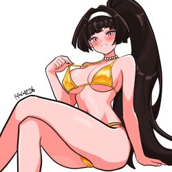 1girl arm_behind_back armpits artist_name ass_peek astra_yao bead_necklace beads bikini blunt_bangs breasts crossed_legs gold_bikini golden_week hairband hand_on_ground high_ponytail highres holding_strap jewelry large_breasts long_hair looking_at_viewer mole mole_under_eye navel necklace papacat ponytail signature sitting smile solo swimsuit teeth thighs very_long_hair white_background white_hairband zenless_zone_zero