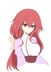 Rule 34 | 1girl, absurdres, bow, breasts, closed mouth, cropped torso, hair between eyes, hair bow, highres, japanese clothes, kimono, kotohime (touhou), long hair, looking at viewer, low-tied long hair, medium breasts, obi, phantasmagoria of dim.dream, purple kimono, red eyes, red hair, sash, simple background, solo, tokutomo, touhou, touhou (pc-98), upper body, white kimono, yellow bow