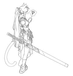 1girl absurdres animal_ears breasts cat_ears cat_tail cellphone highres holding holding_phone holding_sword holding_weapon long_hair mechanical_arms medium_breasts monochrome notice_lines original phone ponytail see-through_clothes see-through_skirt sheath sheathed shoes sidelocks skirt smartphone solo sowasi sword tail weapon white_background