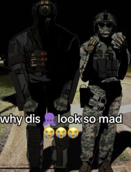 2boys call_of_duty call_of_duty:_modern_warfare_2 camouflage camouflage_jacket crying_emoji emoji english_text full_body hands_up highres horangi_(modern_warfare_2) jacket konig_(call_of_duty) long_sleeves looking_at_viewer male_focus meme military multiple_boys night one_eye_covered outdoors partially_shaded_face photo_background standing waxxed_doghouse why_dis_ninja_look_so_mad_(meme)