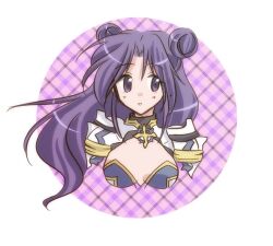 Rule 34 | 1girl, armor, bikini armor, blush, breasts, commentary request, cropped torso, cross, cross of prontera, dated commentary, double bun, hair bun, large breasts, long hair, looking to the side, lowres, pauldrons, plaid background, purple background, purple eyes, purple hair, ragnarok online, royal guard (ragnarok online), sharari, shoulder armor, solo, upper body, white background