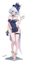 1girl absurdres alternate_costume asymmetrical_gloves bare_shoulders black_dress black_gloves blue_eyes blue_hair blue_hat breasts commentary covered_navel dress full_body furina_(genshin_impact) genshin_impact gloves hair_between_eyes hashtag-only_commentary hat hat_ribbon heterochromia highres looking_at_viewer medium_breasts microdress mismatched_gloves multicolored_hair open_mouth pelvic_curtain renberry77 ribbon shadow shoes short_hair simple_background single_wrist_cuff solo standing streaked_hair tachi-e thigh_strap top_hat twitter_username two-tone_hair white_background white_gloves white_hair white_shoes wrist_cuffs