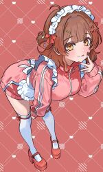 1girl :q ahoge alternate_costume amashi_2278 blush breasts brown_hair commentary_request dotted_line enmaided fingernails frilled_hairband frills full_body gakuen_idolmaster hairband hanami_ume highres idolmaster jacket jersey_maid leaning_forward long_sleeves looking_at_viewer maid medium_breasts nail_polish pink_jacket platform_shoes purple_hair red_shoes shoes smile solo thighhighs tongue tongue_out track_jacket unconventional_maid white_apple white_thighhighs