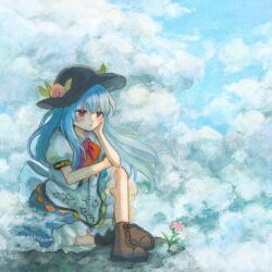 Rule 34 | 1girl, absurdres, acrylic paint (medium), apron, black hat, blue hair, blue skirt, blush, boots, bow, bowtie, brown boots, cloud, collared shirt, commentary request, flower, food, fruit, fruit hat ornament, hand on own cheek, hand on own face, hat, hat ornament, highres, hinanawi tenshi, lace-up boots, leaf hat ornament, long hair, painting (medium), peach, peach hat ornament, pink flower, puffy short sleeves, puffy sleeves, rainbow order, red bow, red bowtie, red eyes, sasami (shiroi fuwafuwa), shirt, short sleeves, sitting, skirt, solo, touhou, traditional media, very long hair, waist apron, white apron, white shirt