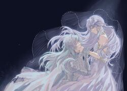 2girls absurdres alternate_costume alternate_universe armlet armor bare_shoulders black_background blue_eyes bracelet closed_mouth dress feathered_wings fingernails firefly_(honkai:_star_rail) floating_clothes floating_hair gauntlets gold_bracelet gold_ring grey_armor grey_hair hair_between_eyes hand_on_another&#039;s_face hand_up head_wings highres honkai:_star_rail honkai_(series) jewel_under_eye jewelry knight long_hair looking_at_another multiple_girls multiple_rings nail_polish neck_ring purple_eyes purple_hair purple_nails ring robin_(honkai:_star_rail) shoulder_armor simple_background sleeveless sleeveless_dress standing strapless strapless_dress teeth veil wavy_hair white_dress wings xiunuyuyu114514 yuri