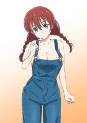 1girl braid breasts cleavage denim_overalls emma_verde green_eyes large_breasts looking_at_viewer love_live! love_live!_nijigasaki_high_school_idol_club red_hair shizutered simple_background sweat sweatdrop twin_braids twintails