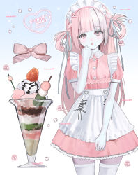 Rule 34 | 1girl, absurdres, apron, commentary, commission, cowboy shot, dress, elbow gloves, food, gloves, highres, ice cream, long hair, looking at viewer, maid apron, open mouth, original, pink dress, pink hair, pink ribbon, r (leoleoleonard), ribbon, skeb commission, solo, symbol-only commentary, thighhighs, white gloves, white thighhighs