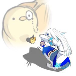 Rule 34 | 1girl, armband, arms up, bird, blue armband, blue hair, blue skirt, blue thighhighs, blunt ends, boots, cassava 03, cat shadow puppet (meme), commentary, frilled skirt, frills, from behind, hair ornament, highres, jacket, knee boots, legwear garter, lize helesta, lize helesta (1st costume), long hair, long sleeves, looking at another, meme, miniskirt, monocle, multicolored hair, nijisanji, pleated skirt, sebastian piyodore, shadow, shadow puppet, sidelocks, simple background, skindentation, skirt, squatting, thighhighs, two-tone hair, virtual youtuber, white background, white boots, white hair, white jacket, yellow bird, zettai ryouiki, zoom layer