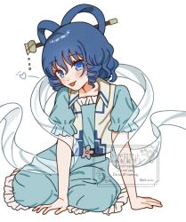 1girl blue_dress blue_eyes blue_hair blush dress drill_hair drill_sidelocks frills hagoromo hair_between_eyes heart highres kaku_seiga kneeling looking_at_viewer medium_hair shawl short_sleeves sidelocks smile solo spoken_heart stella_(pokopokobanana) tongue tongue_out touhou vest watermark white_background white_vest