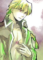 1boy blonde_hair braid brown_coat closed_mouth coat collarbone collared_coat colorful_background cross_scar d.gray-man facial_mark floating_hair green_background grey_background hand_on_own_chest howard_link long_hair looking_down male_focus n_ptm open_clothes open_coat red_eyes scar scar_on_chest single_braid solo striped_coat topless_male vertical-striped_coat white_background white_stripes
