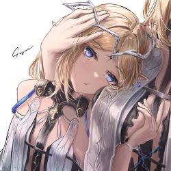 2girls :t artist_name bare_shoulders black_collar blonde_hair blue_eyes breasts cartethyia_(wuthering_waves) collar commentary crown_of_thorns dual_persona fleurdelys_(wuthering_waves) hashtag-only_commentary head_on_another&#039;s_shoulder head_out_of_frame highres large_breasts leaning_on_person long_hair looking_at_viewer multiple_girls open_mouth pointy_ears sayunara side-by-side simple_background small_breasts tabard tacet_mark_(wuthering_waves) white_background white_tabard wuthering_waves yuri