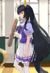 1girl absurdres ahoge animal_ears baguette black_hair bread calstone_light_o_(umamusume) commentary_request ear_covers eating feet_out_of_frame food highres horse_ears horse_girl horse_tail indoors long_hair looking_at_viewer looking_to_the_side madori_(madori151) multicolored_hair pleated_skirt purple_shirt sandwich school_uniform shirt short_sleeves skirt solo streaked_hair tail thighhighs tracen_school_uniform umamusume very_long_hair white_hair white_skirt white_thighhighs yellow_eyes