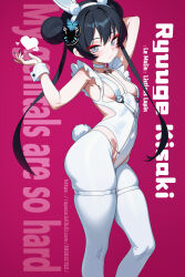 1girl absurdres animal_ears azur_lane black_hair black_nails blue_archive breasts cosplay double_bun english_text eyeshadow fake_animal_ears grey_eyes hair_bun highres kisaki_(blue_archive) le_malin_(azur_lane) le_malin_(azur_lane)_(cosplay) le_malin_(listless_lapin)_(azur_lane) leotard long_hair makeup momobug22 pantyhose rabbit_ears rabbit_tail red_eyeshadow small_breasts solo standing tail thigh_strap twintails very_long_hair white_leotard white_pantyhose wrist_cuffs