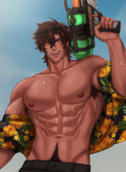 1boy abs absurdres armpit_hair brown_hair eyewear_on_head highres indie_virtual_youtuber kite_hasegawa male_focus male_pubic_hair mitsu_qo muscular open_clothes open_shirt pubic_hair yellow_eyes