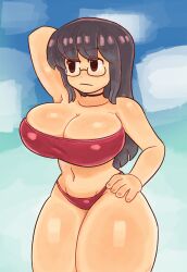 Rule 34 | 1girl, arm behind head, black choker, black hair, bra, breasts, choker, cleavage, closed mouth, cloud, collarbone, dozo gon, expressionless, glasses, hand on own hip, highres, huge breasts, long hair, minakami mai, navel, nichijou, outdoors, pink bra, purple eyes, skindentation, sky, solo, sports bra, thick thighs, thighs, underwear