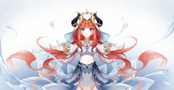 1girl blue_eyes blunt_bangs breasts crop_top genshin_impact highres jewelry large_breasts long_hair looking_at_viewer mibai_yume midriff navel necklace nilou_(genshin_impact) puffy_sleeves red_hair simple_background skirt solo very_long_hair water water_drop