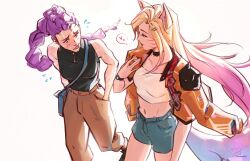 Rule 34 | 2girls, ahri (league of legends), animal ears, bag, black shirt, blonde hair, blue bag, blue shorts, body markings, braid, brown pants, cropped shirt, crossover, dutch braided ponytail, facial mark, flying sweatdrops, fox ears, fox tail, gradient hair, hands in pockets, heart, jacket, k/da (league of legends), k/da ahri, kpop demon hunters, league of legends, long hair, multicolored hair, multiple girls, nikoniko808, orange jacket, pants, purple hair, rumi (kpop demon hunters), shirt, shorts, shoulder bag, single braid, sleeveless, sleeveless shirt, spoken heart, tail, trait connection, very long hair, watch, whisker markings, white shirt, wristwatch