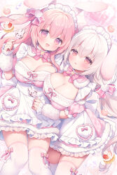 2girls :d animal_ears blonde_hair blush bow bowtie breasts candy cleavage commentary_request dot_nose dress food frilled_cuffs frilled_dress frilled_sleeves frills fruit fur_trim hair_bow hand_up holding indoors large_breasts long_hair looking_at_viewer lop_rabbit_ears maid maid_headdress multiple_girls no_pupils one_side_up open_mouth orange_eyes original pastry pink_bow pink_bowtie pink_eyes pink_hair rabbit_ears sakura_(usashiro_mani) short_dress short_sleeves smile standing straight_hair strawberry tareme thighhighs usashiro_mani white_dress white_headdress white_thighhighs wrist_cuffs zettai_ryouiki