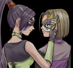 1boy 1girl arm_guards belt_collar black_background black_gloves black_shirt black_tank_top blue_eyes brown_hair bustier butterfly_mask collar commentary_request couple dragon_quest dragon_quest_xi eye_contact fingerless_gloves gloves green_bustier green_collar hand_on_another&#039;s_cheek hand_on_another&#039;s_face hero_(dq11) hetero high_ponytail looking_at_another looking_to_the_side martina_(dq11) mask masquerade_mask parted_hair pekuchin_(pekuchin_3) ponytail profile purple_eyes purple_hair purple_tunic shirt tank_top tunic upper_body