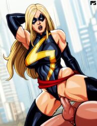 1boy 1girl bare_shoulders black_gloves blonde_hair boots breasts carol_danvers city elbow_gloves gloves highres large_breasts leotard long_hair marvel mask ms._marvel ponpu_(pumpkinsinclair) pussy red_lips red_sash sash sex superhero_costume thick_thighs thigh_boots thighs vaginal wide_hips