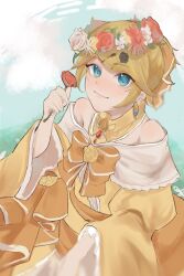Rule 34 | 1girl, aku no musume (vocaloid), anniversary, aqua background, aqua eyes, bare shoulders, blonde hair, bow, choker, dress, dress bow, dress flower, earrings, evillious nendaiki, flower, flower wreath, frilled choker, frilled dress, frilled sleeves, frills, hair bow, head wreath, high ponytail, highres, holding, holding flower, jewelry, kagamine rin, light blush, looking at viewer, morikoete, off-shoulder dress, off shoulder, orange bow, ponytail, red flower, red rose, riliane lucifen d&#039;autriche, rose, smile, solo, swept bangs, updo, vocaloid, white flower, white rose, wide sleeves, yellow choker, yellow dress, yellow flower, yellow rose