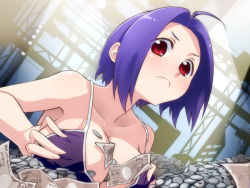 10s 1girl ahoge bad_id bad_nicoseiga_id between_breasts blue_hair blush bra breasts cleavage coin female_focus frown grabbing_another&#039;s_breast groping idolmaster idolmaster_(classic) idolmaster_2 large_breasts lingerie miura_azusa money money_bath purple_hair red_eyes short_hair solo tkhs tucked_money underwear yen
